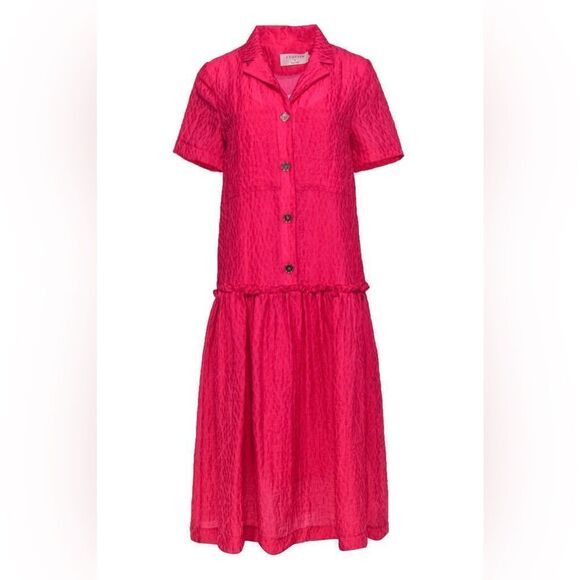 Anthropologie Exquise Deep Raspberry Pink Drop Waist Button-Front Mid Dress - Picture 1 of 9